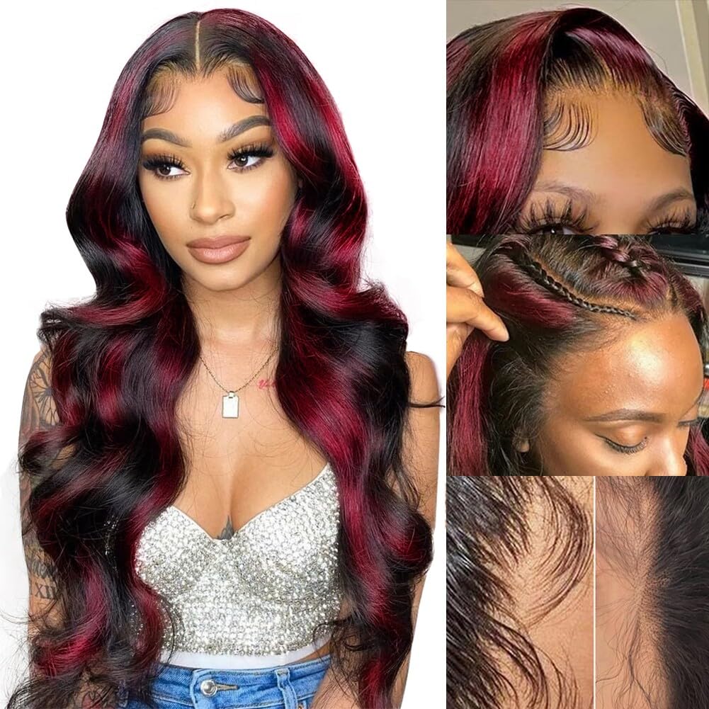Highlight Wig Human Hair Colored Black and Red Lace Front Wig Human Hair With Baby Hair