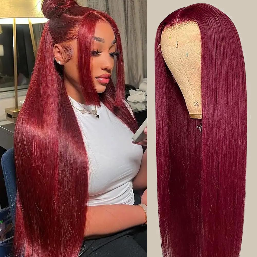 99J Burgundy Straight Lace Front Wig Human Hair 13x4 HD Lace Front Red Colored Wig for Black Women