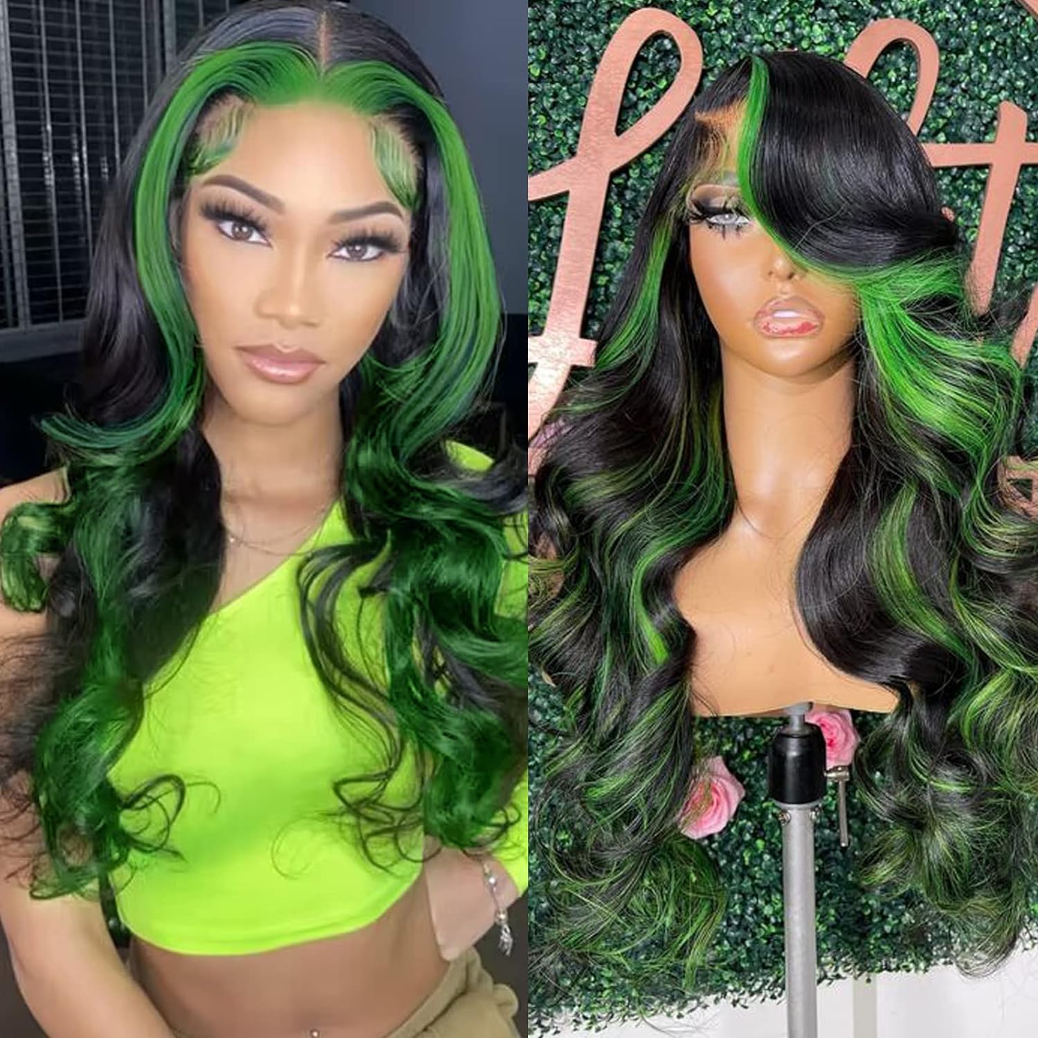 Black and Green Highlight Wig Human Hair 13x4 Body Wave Frontal Wig Colored Green Ombre Lace Front Wig