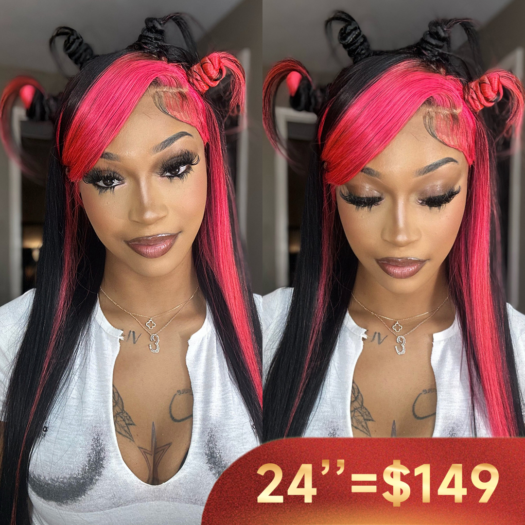 1B/Pink Skunk Stripe Wig Human Hair Lace Front Colored Wigs Human Hair Pre Plucked Ombre Color Wigs Colored Highlight Wig