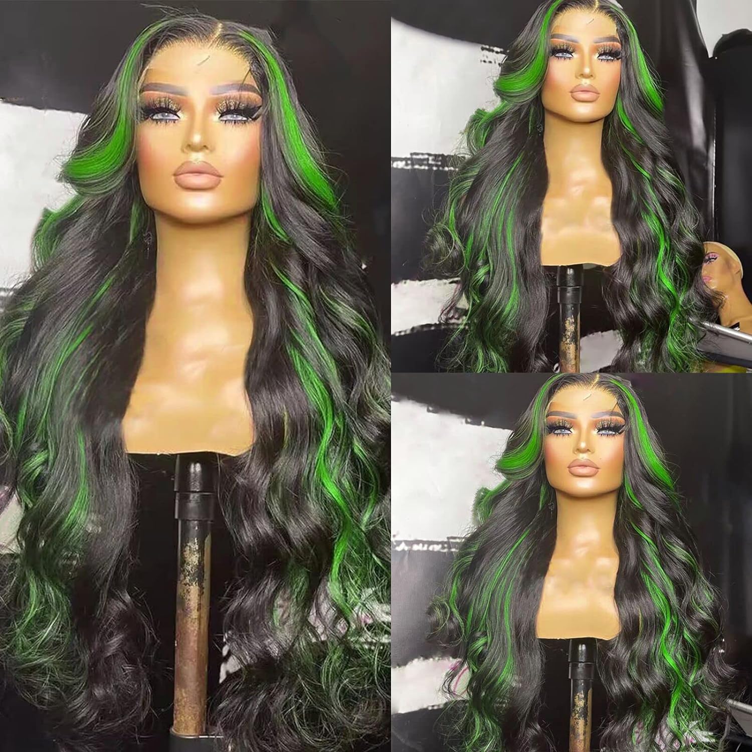 Black and Green Highlight Wig Human Hair 13x4 Body Wave Frontal Wig Colored Green Ombre Lace Front Wig