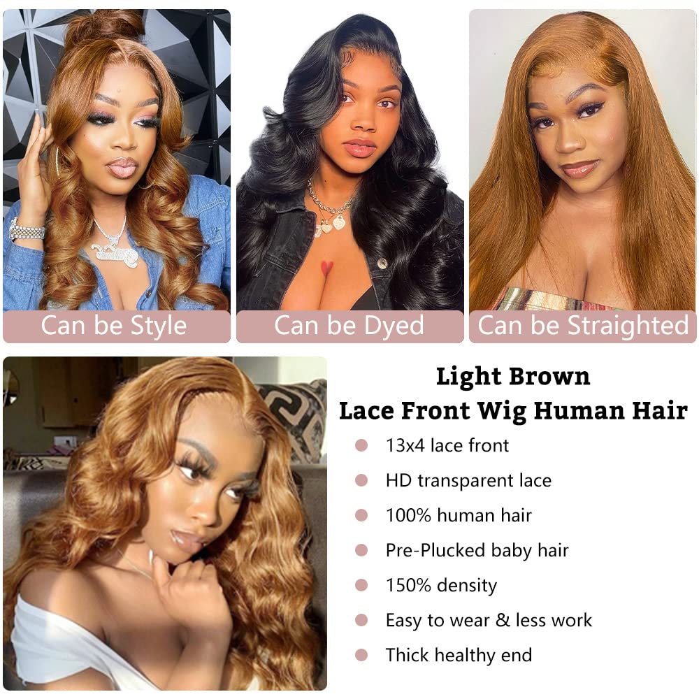 #30 Light  Brown 13x4/4x4/4x6 HD Transparent Lace Front Wig Body Wave Human Hair Colored Wigs