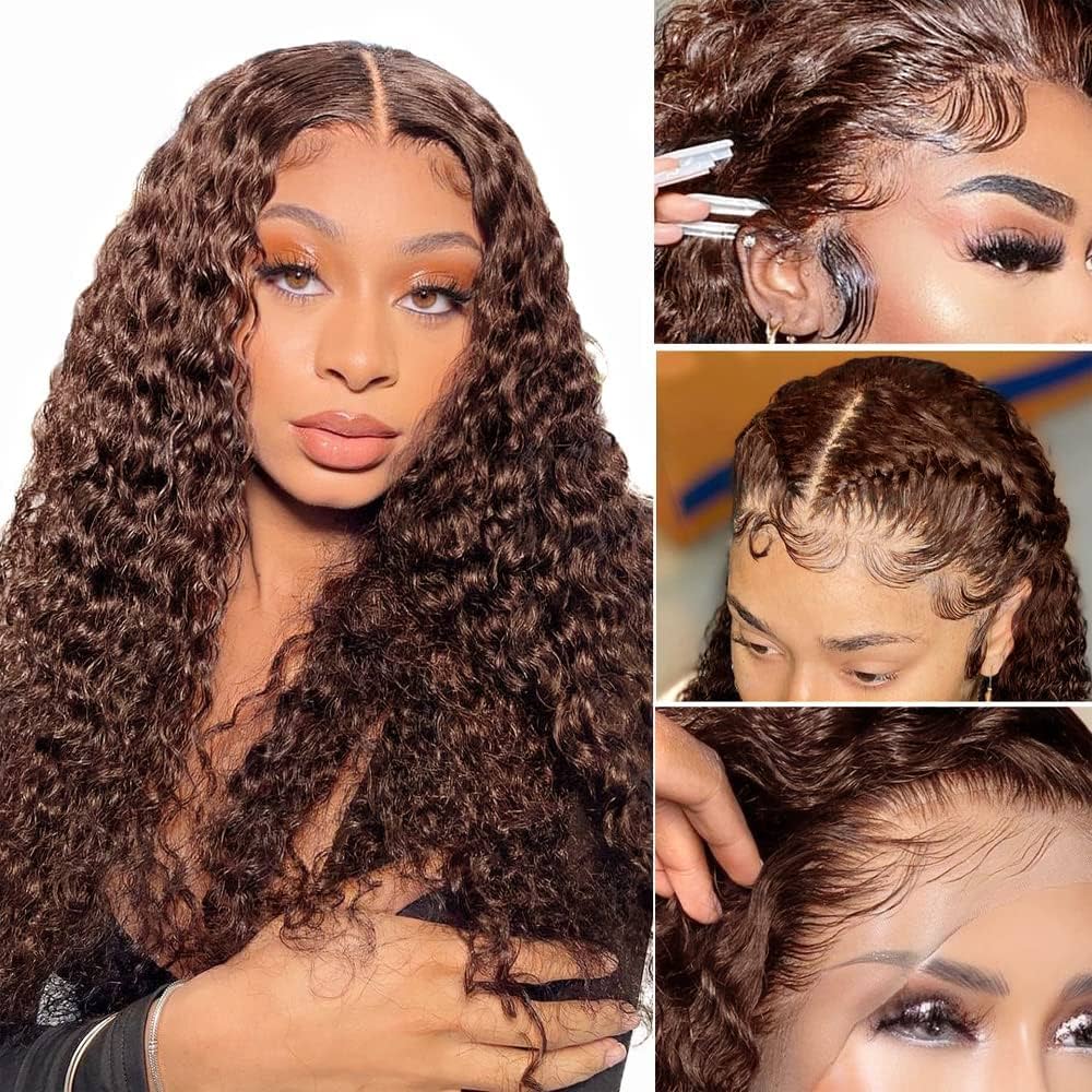 13x4 Dark Brown Lace Front Deep Wave Glueless Wig Pre Plucked Human Hair Wigs