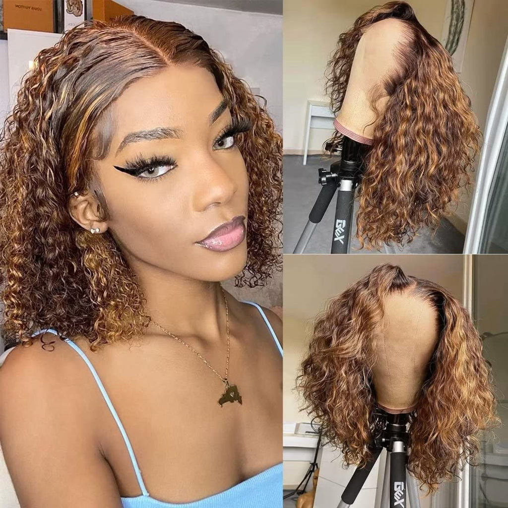 Vanlov Hair-glueless HD Transparent lace wig highlight deep curly short bob wig for black women human hair