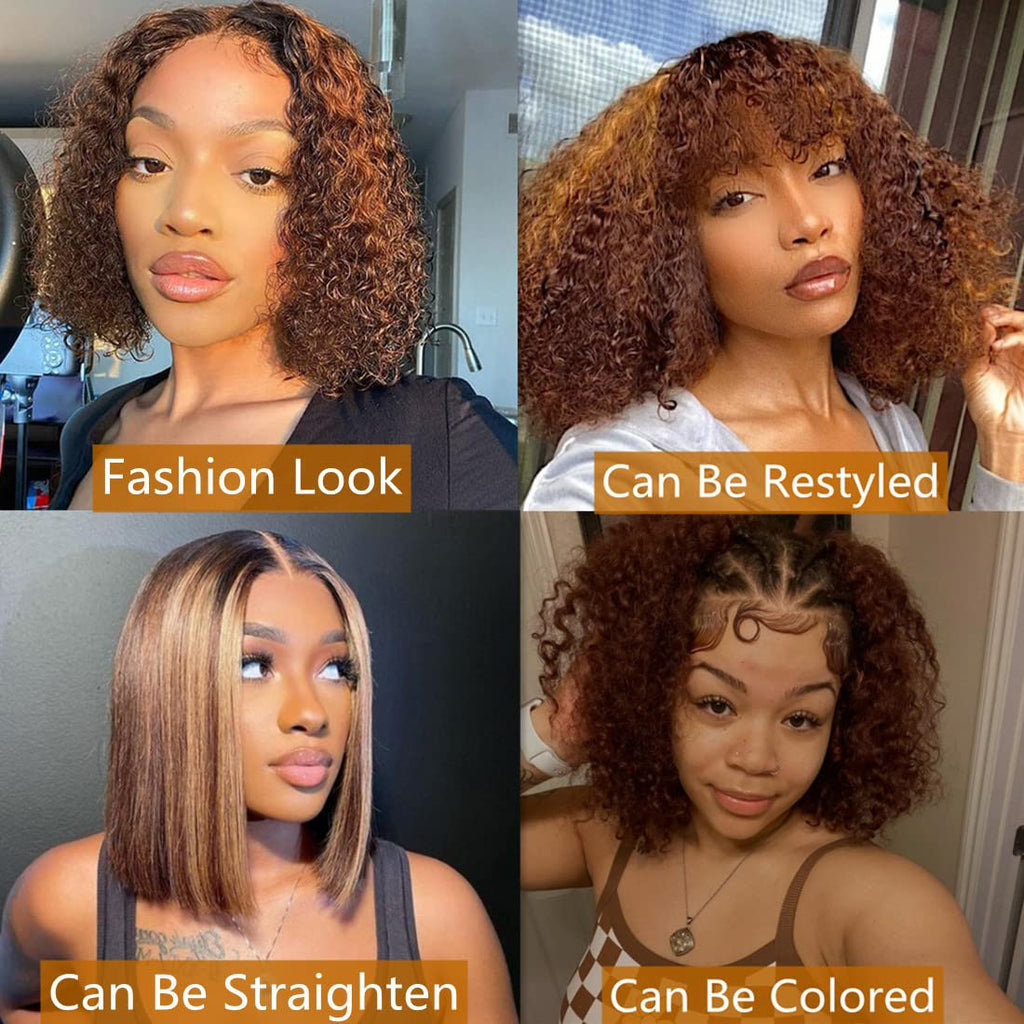 Vanlov Hair-glueless HD Transparent lace wig highlight deep curly short bob wig for black women human hair