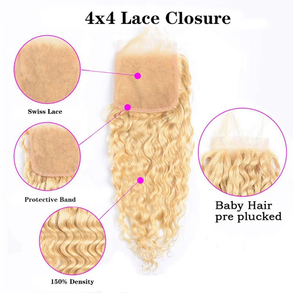 Vanlov Hair-Vanlov Hair 613 Blonde 100% Virgin Human Hair 4X4 Closure Water Wave
