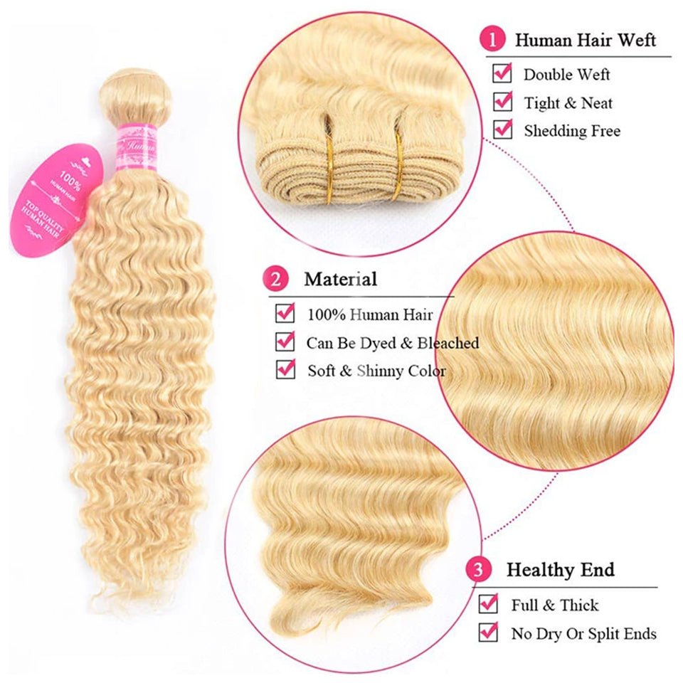 Vanlov Hair-Vanlov Hair 613 Blonde Deep Wave Virgin Hair 3 Bundles With 13X4 Frontal