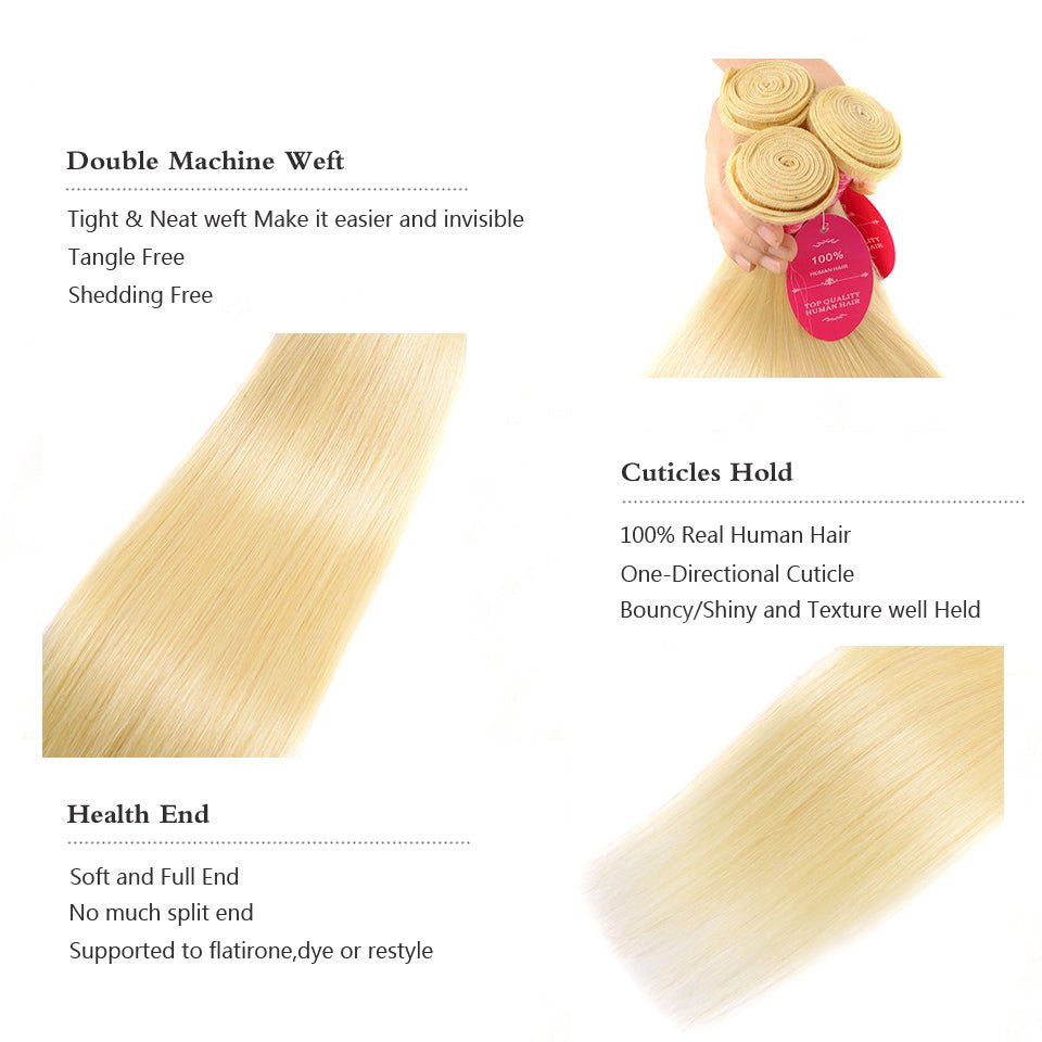 Vanlov Hair-Vanlov Hair 613 Blonde Straight Virgin Human Hair 3 Bundles With Closure