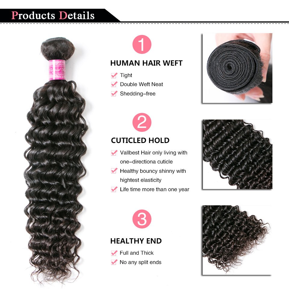 Vanlov Hair-Vanlov Hair Deep Curly Virgin Hair 3 Bundles With Closure Natural Black