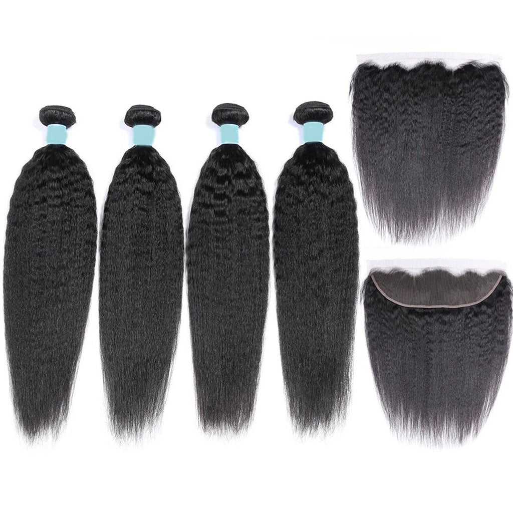 Vanlov Hair-Vanlov Hair Kinky Straight 4 Bundles With 13X4 Lace Frontal Affordable For Women