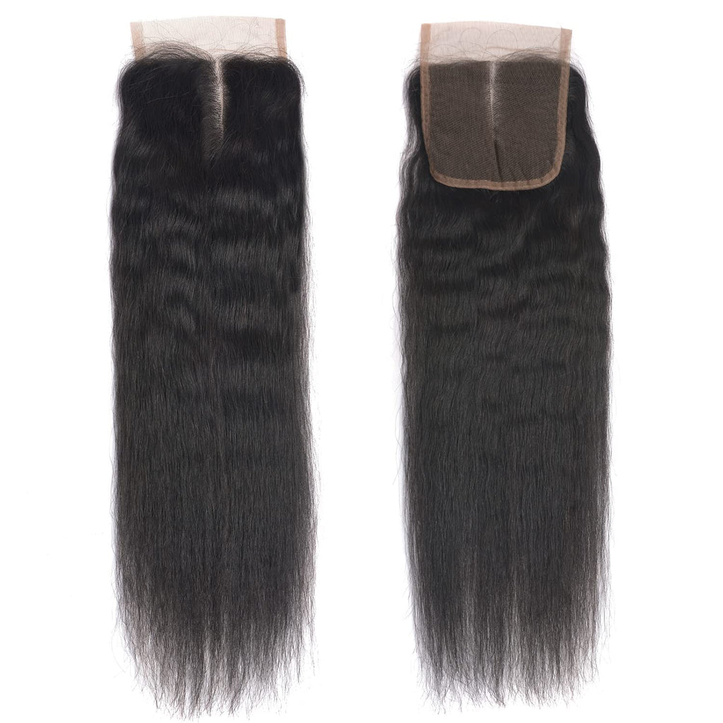 Vanlov Hair-Vanlov Hair Kinky Straight Human Hair 3 Bundles With 4x4 Closure Natural Black