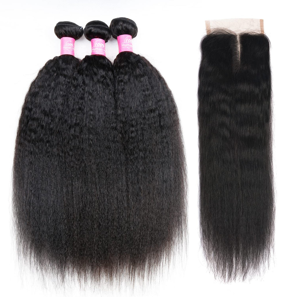 Vanlov Hair-Vanlov Hair Kinky Straight Human Hair 3 Bundles With 4x4 Closure Natural Black