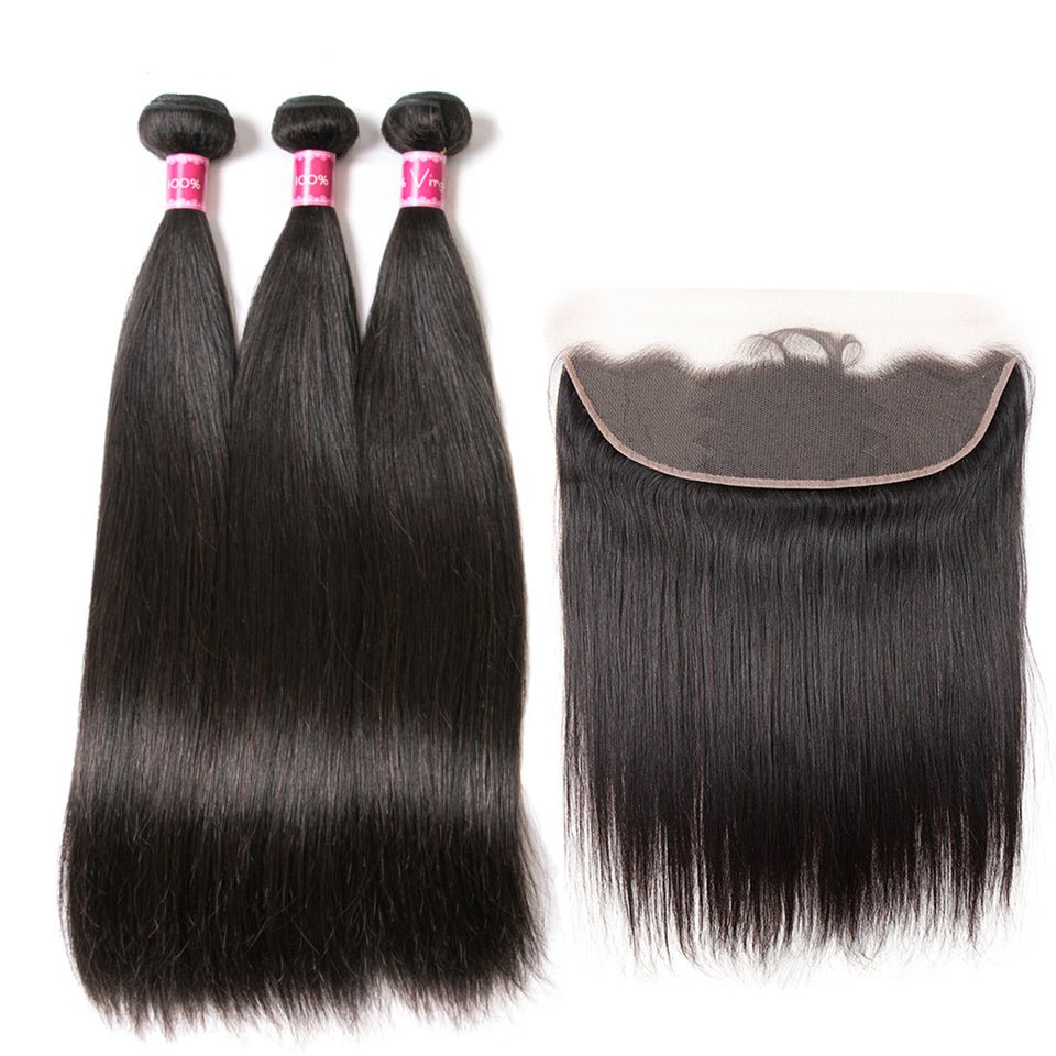 Vanlov Hair-Vanlov Hair Straight 3 Bundles With 13X4 Frontal Natural Black Virgin Human Hair