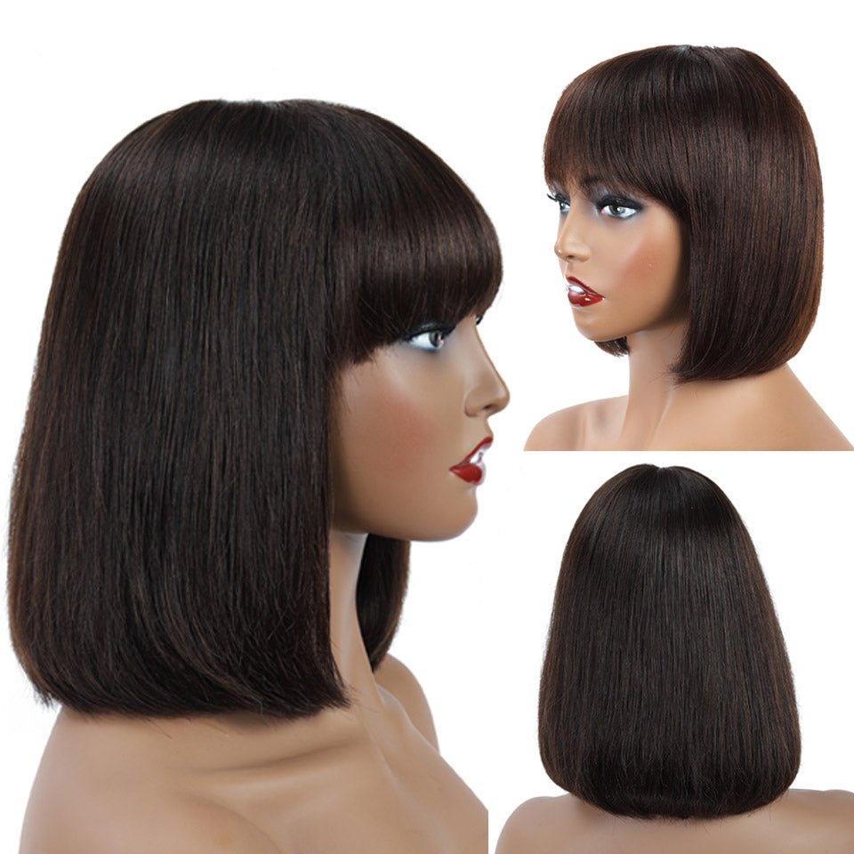 Vanlov Hair-Vanlov Hair Straight Natural Black Bob Wig With Bangs No Lace Wigs For Women