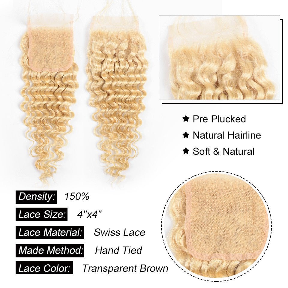 Vanlov Hair-Vanlov Hair Virgin Human Hair 613 Blonde 3 Bundles With Closure Deep Wave