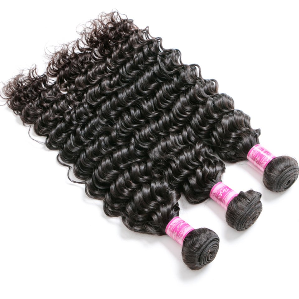 Vanlov Hair-Vanlov Human Hair Bundles Deep Wave 3/4 Bundles With Lace Closure Natural Color