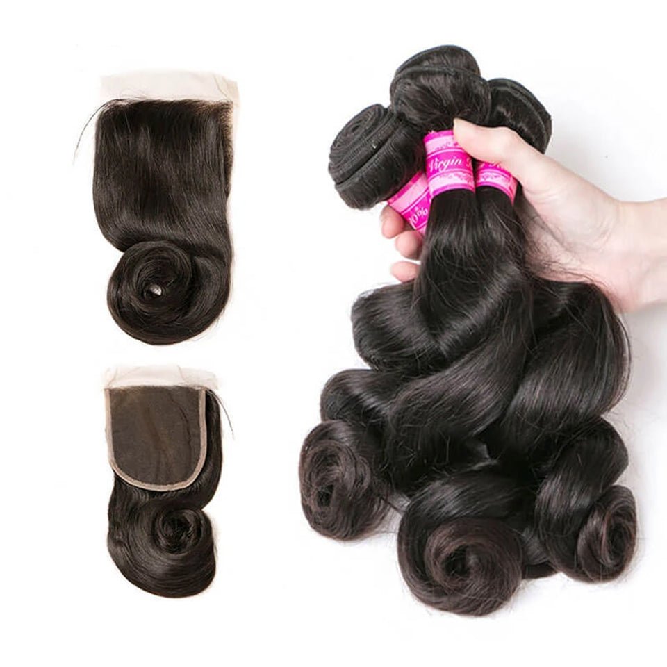 Vanlov Hair-Vanlov Human Hair Loose Wave 3 Bundles With 4X4 Closure Thick Hair For Women
