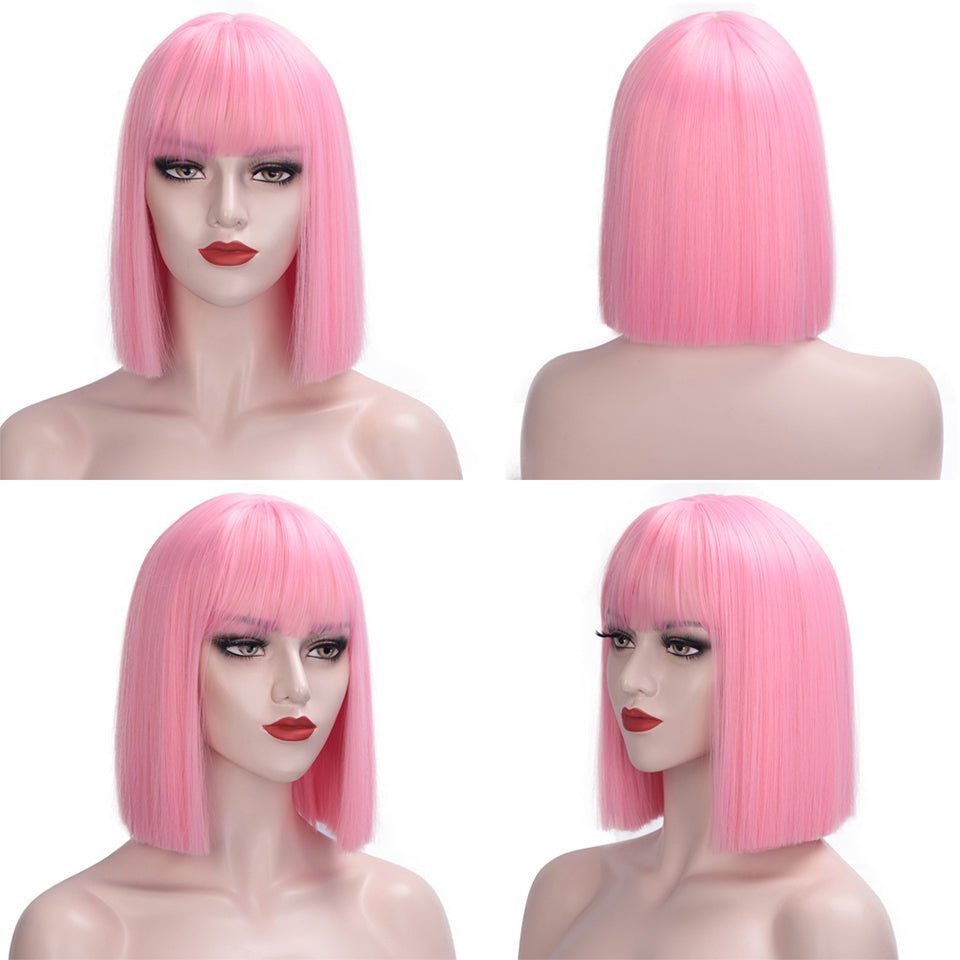 Vanlov Hair-Vanlov Human Hair Pink Straight Short Bob Wigs With Bangs No Lace Glueless Virgin Human Hair Wigs