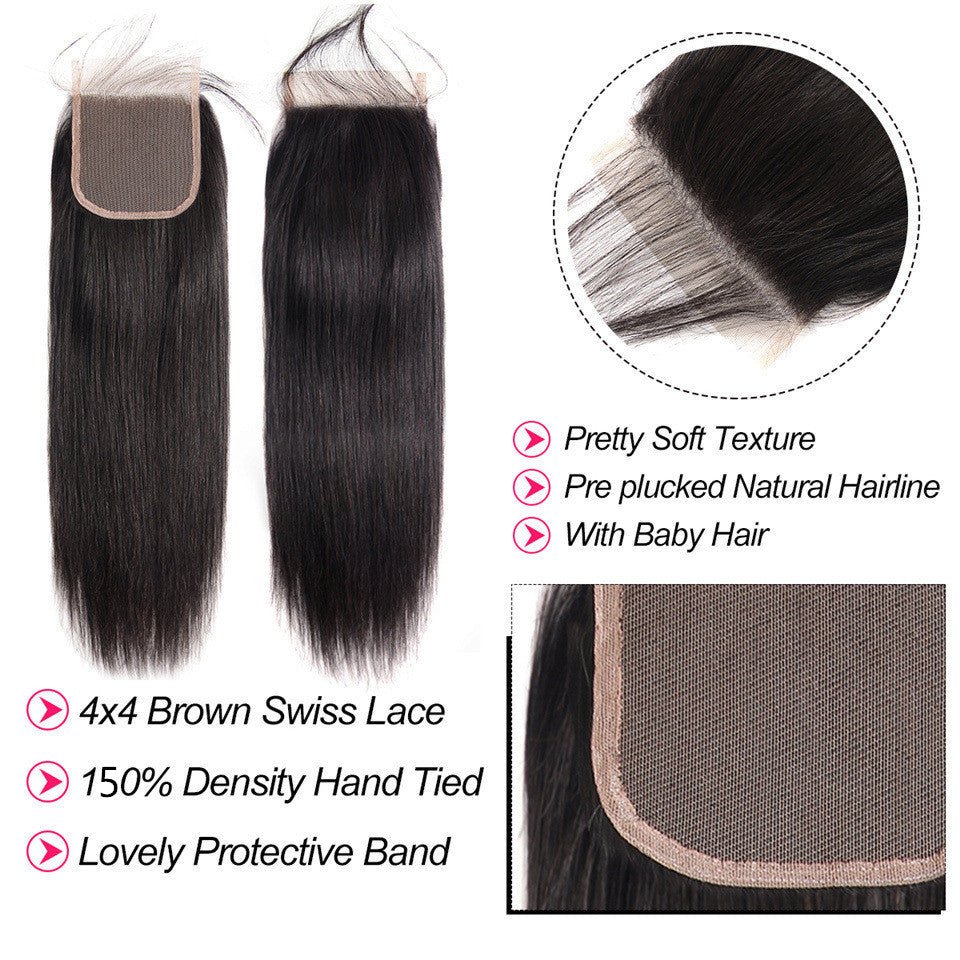 Vanlov Hair-Vanlov Natural Black Hair Straight 3 Bundles With Closure Pre Plucked With Baby Hair