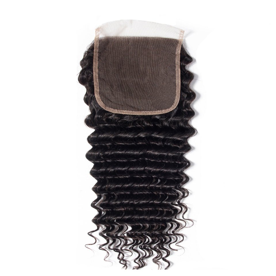 Vanlov Hair-Vanlov Natural Black Human Hair Deep Curly 3/4 Bundles With Lace Closure