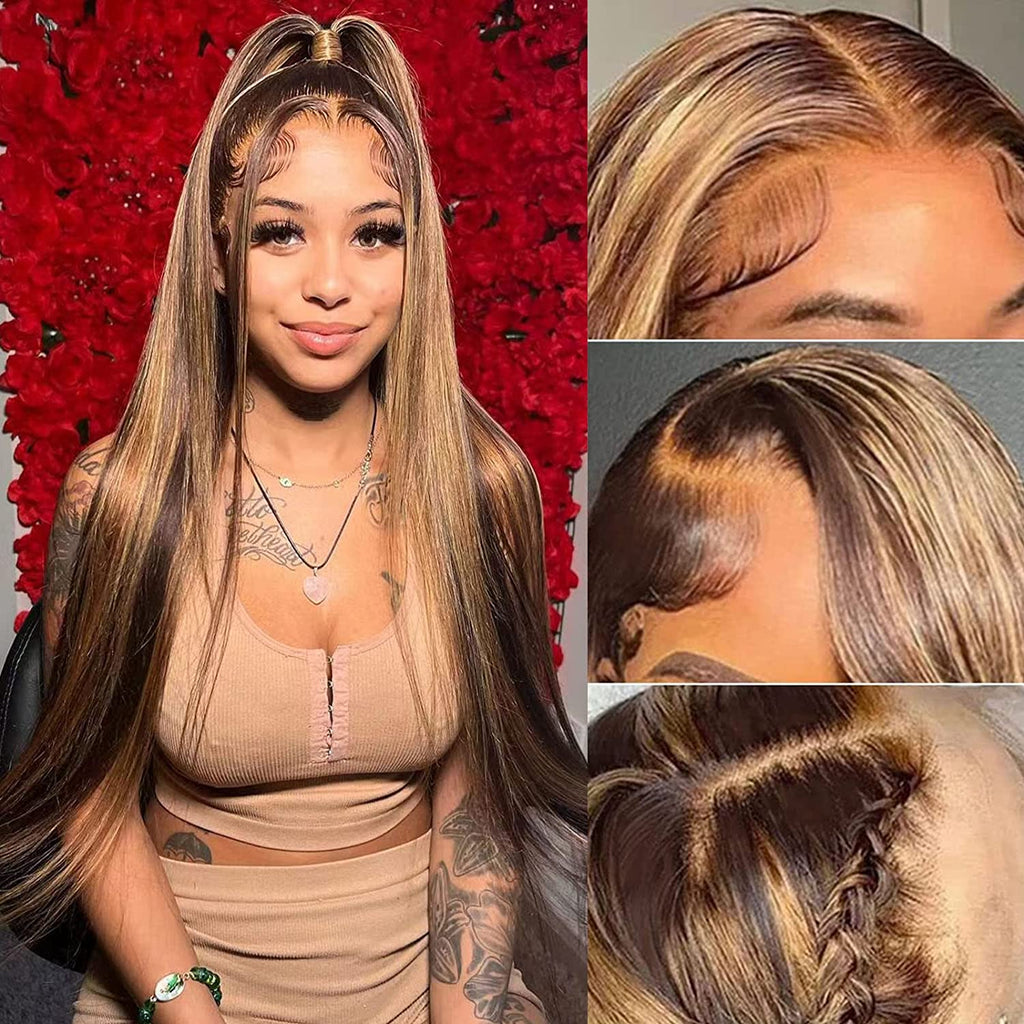 Vanlov Hair-Vanlov Ombre Highlight Lace Front Wig Human Hair 4/27 Straight Pre Plucked 13x4/13x6 HD Lace with Natural HairLine