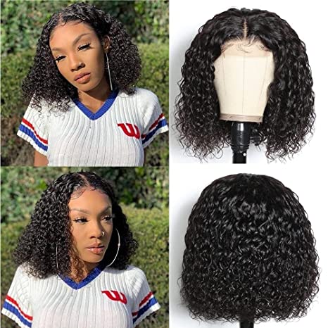 Vanlov Hair-Vanlov Peruvian Water Curly Short Bob Human Hair 4X4 Lace Closure Wigs Pre Plucked Lace Wig 150%-180% Density