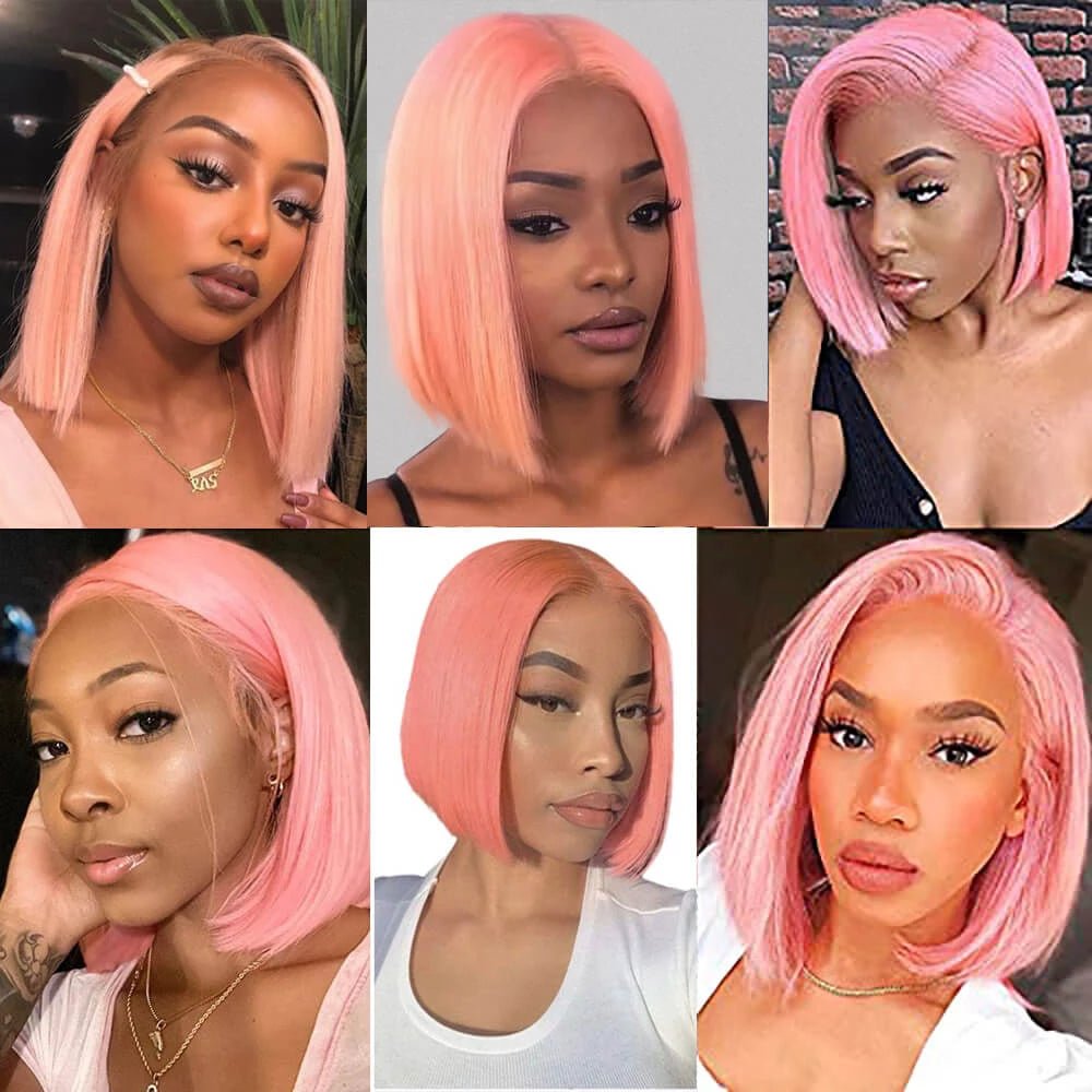 Vanlov Hair-Vanlov Pink Color Short Straight Bob Wigs Virgin Human Hair For Black Women 8-16 Inch 13X4 Swiss Lace