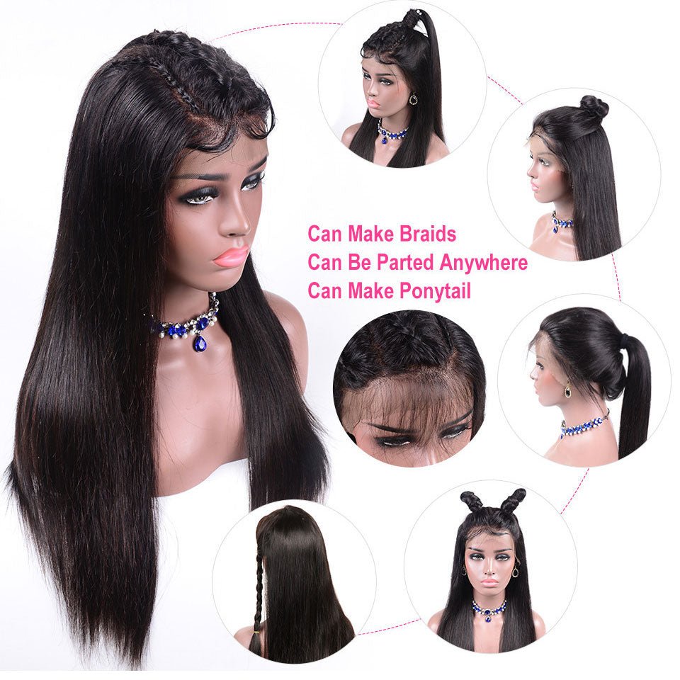 Vanlov Hair-Vanlov Virgin Hair Straight 360 Lace Frontal Wig 150% Density 8-30 Natural Black