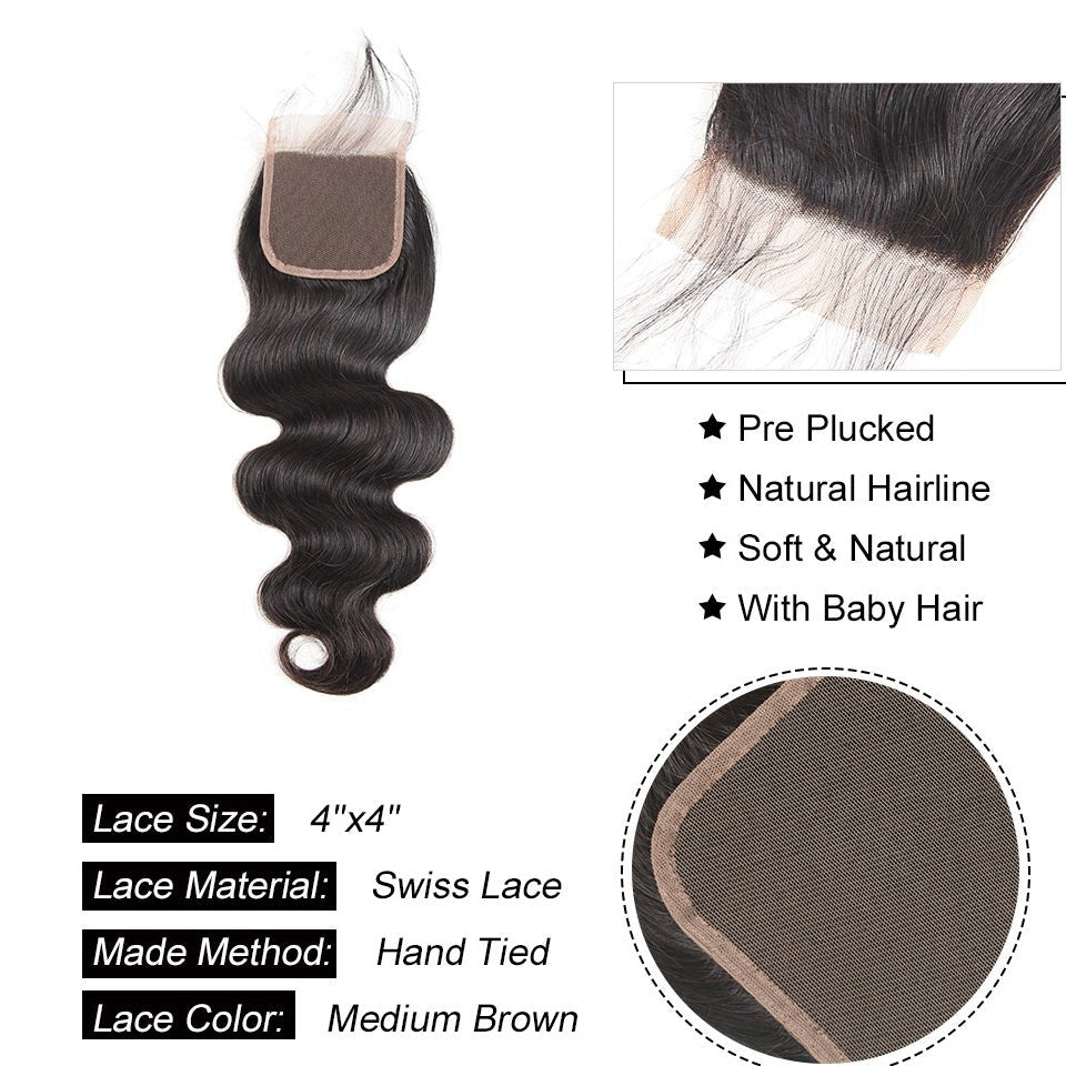 Vanlov Hair-Vanlov Virgin Human Hair 3 Bundles With Closure Body Wave Natural Color For Women
