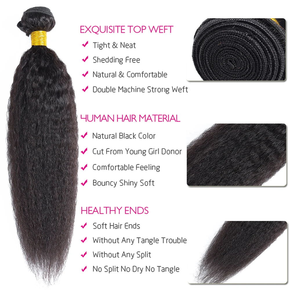 Vanlov Hair-Vanlov Virgin Human Hair Kinky Straight 4 Bundles With 4x4 Closure Natural Black Hair