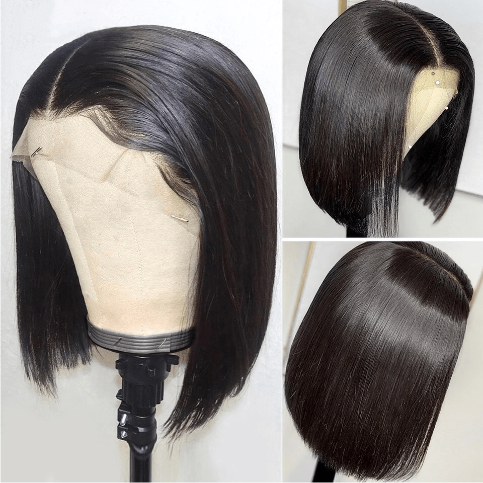 Vanlov Hair-Vanlov Virgin Human Hair Straight Bob 13x4 Wig Natural Black 8-14 Inch Thicker Wig