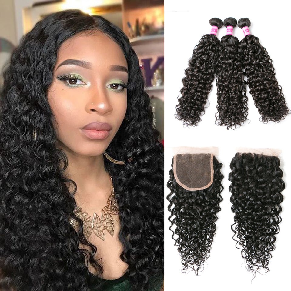 Vanlov Hair-Vanlov Water Wave 3 Bundles With Closure Wet And Weavy Natural Color Easy Dyed