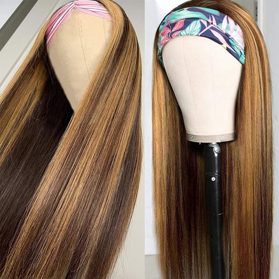 Vanlov Hair-Virgin Hair Highlight Straight Headband Wigs 150%-250% Density Scarf Wig