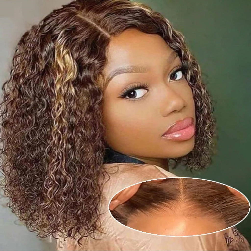 Vanlov Hair-wear and go pre plucked short bob water wave highlight p4/27 glueless lace wig